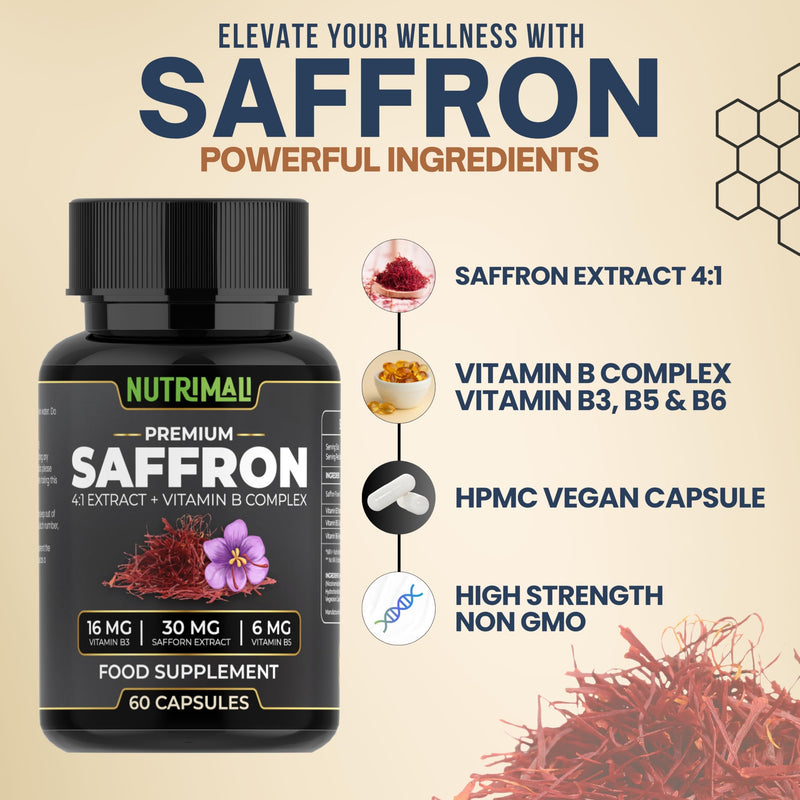 Saffron Supplement – 4:1 Saffron Extract + Vitamin B Complex | High Strength - 60 Vegan Capsules | 100% Pure Saffron, Non-GMO | By NutriMali