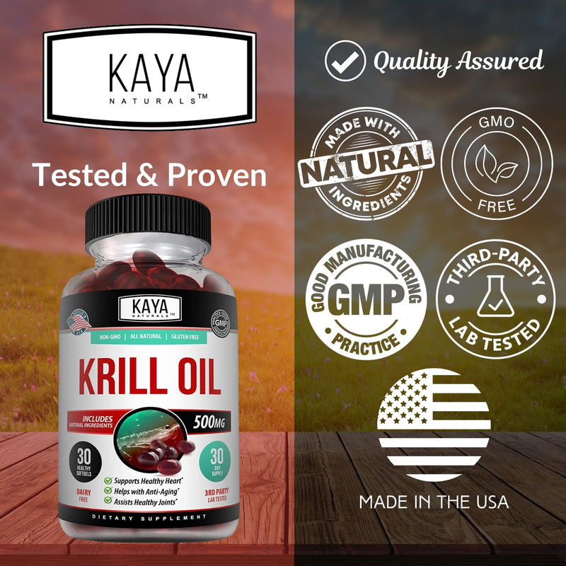 [Australia] - Kaya Naturals - Antarctic Krill Oil 500mg with Omega 3, EPA, DHA, Phospholipids & Astaxanthin Supplement - Brain & Health Vitamin - Anti Aging Supplement - 30 Count Softgels 30 Count (Pack of 1) 
