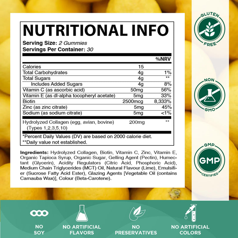 Vitamatic Hydrolyzed Collagen Gummies with Vitamin C, Zinc and Biotin, 200 mg - Healthy Skin Support - 60 Gummies