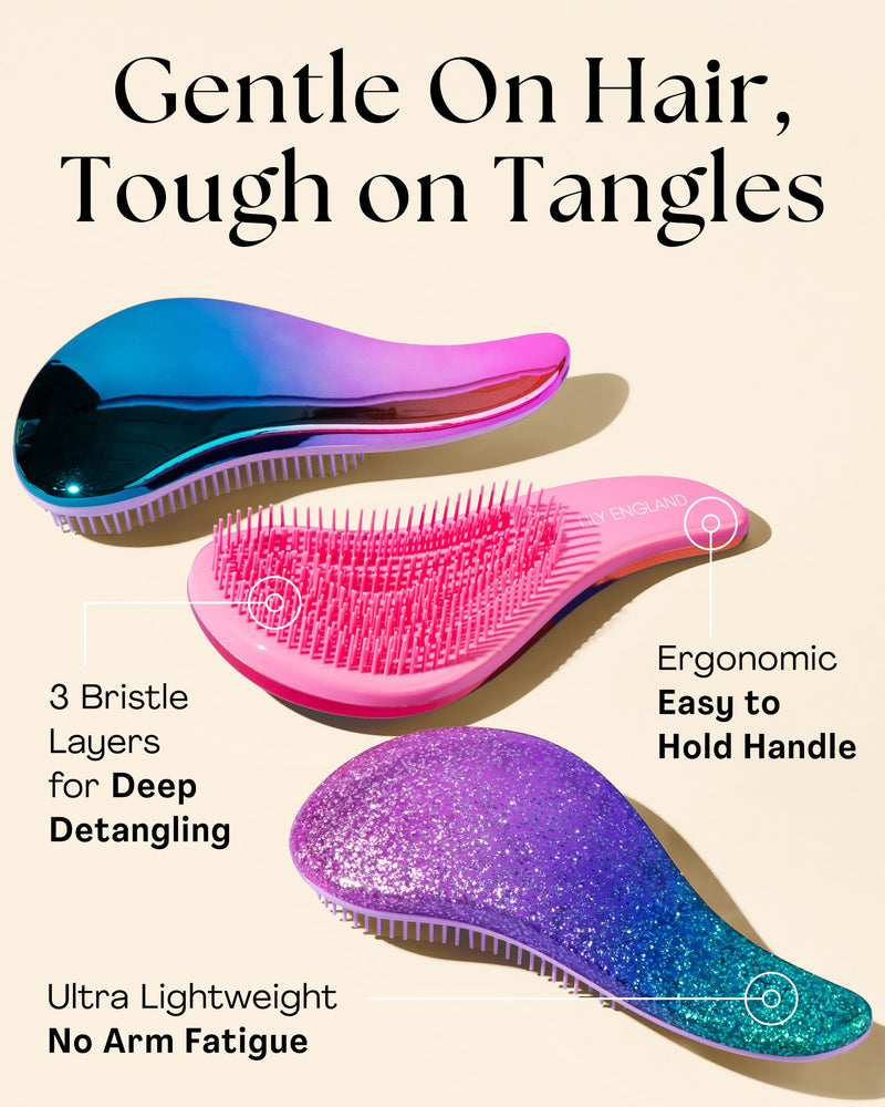 Lily England Detangler Brush & Comb Set - Lightweight Wide Tooth Detangling Tool for Women & Kids - Smooths Curly, Straight, Dry, Fine, & Thick Hair, Purple Mermaid 2 Pack