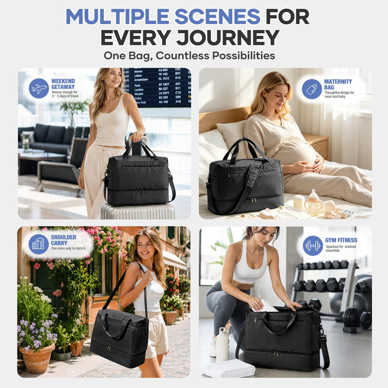 Travel Duffel Bag, Carry-On Overnight Weekender Bags for Women Travel | Personal Item Bag for Airlines,Bottom Shoe Compartment,Trolley Sleeve Black