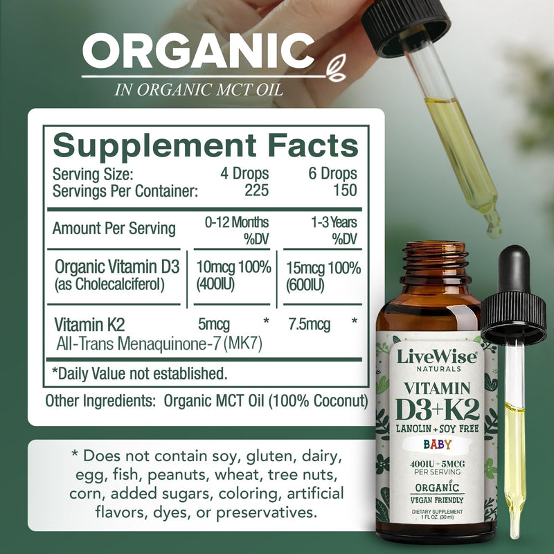 Live Wise Naturals Organic Vitamin D3 K2 Liquid Drops for Babies, (MK-7) | Concentrated Formulation, 225 Servings, Micro-Dose Dropper, Gentle Daily Supplementation, Early Development, Precise Dosing Baby D3+K2 Vegan