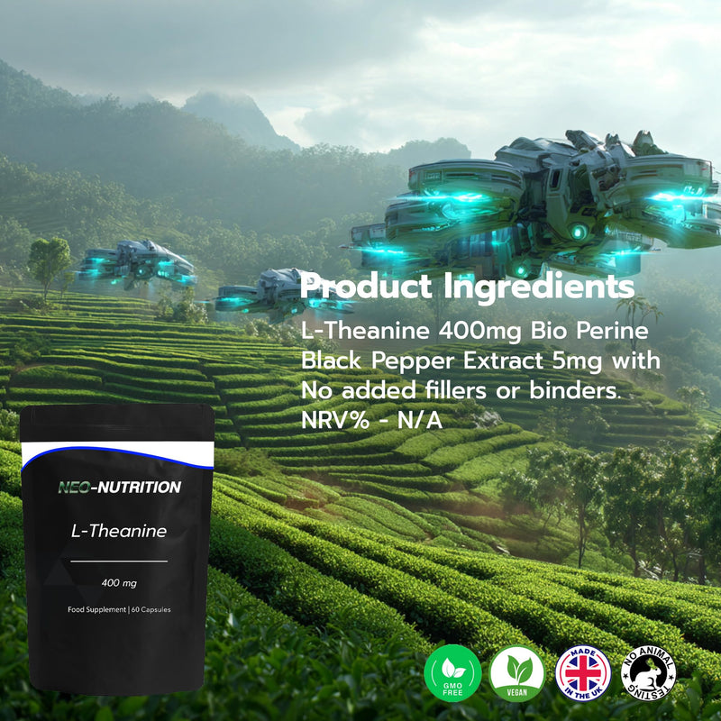 L-Theanine 400mg with BioPerine - 60 Vegan Capsules - Highly Bioavailable - Resealable and Recyclable Pouch - 2 Month Supply