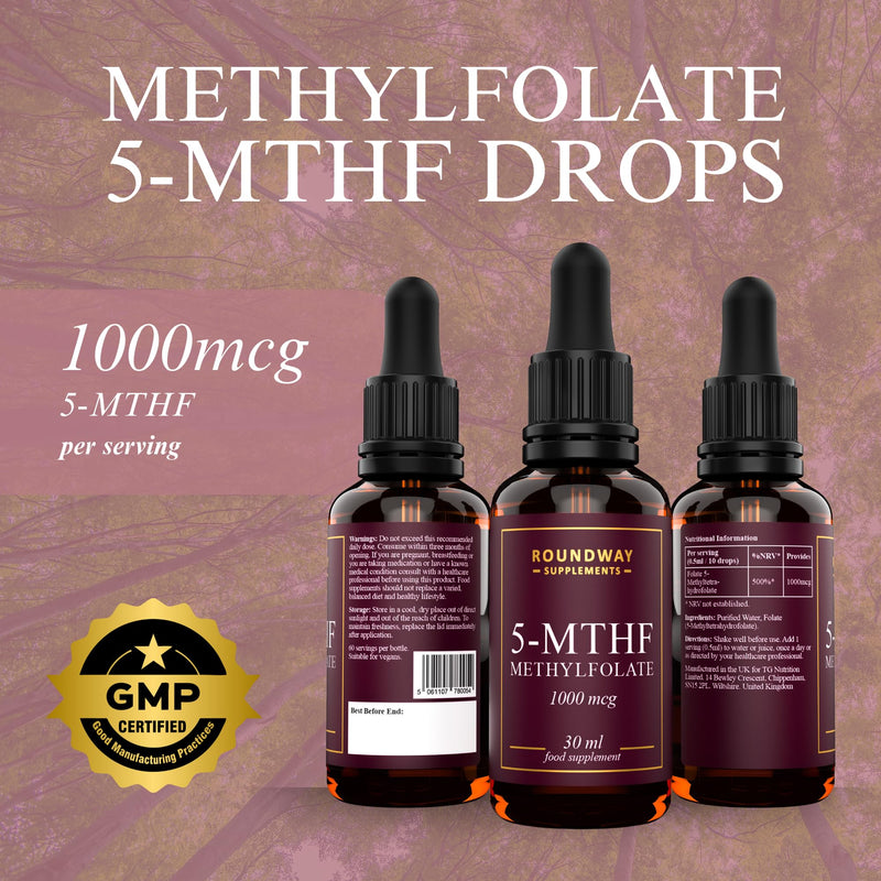 Methylfolate Folic Acid 1000mcg Drops as 5-Methyltetrahydrofolate | 5-MTHF Vitamin B9 Supplement for Pregnancy | 30ml, 60 Servings, 2 Month Supply | Made in The UK by Roundway Supplements