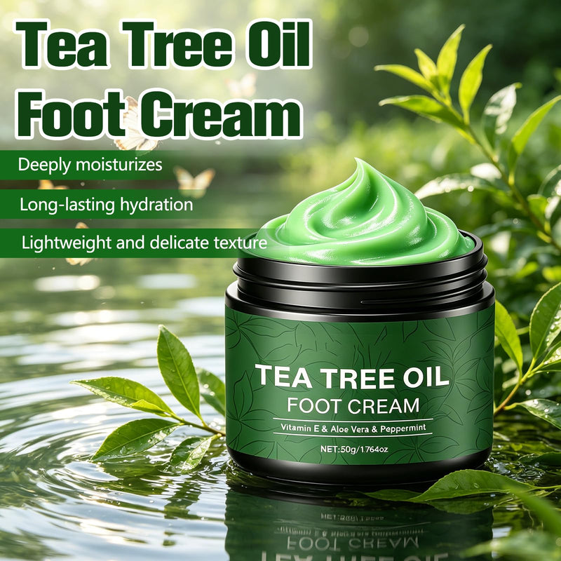 Tea Tree Oil Foot Cream 50g, with Vitamin E, Aloe Vera & Peppermint, Nourishing & Hydrating Foot Balm for Dry Feet Care, Travel-Size Foot Care Products (2PCS)