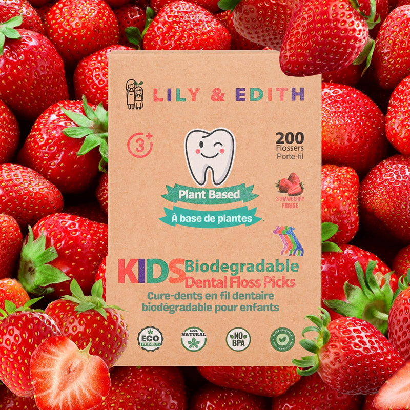 LILY & EDITH Kids Plant Based Dental Floss Picks 200 Counts, Fluoride Free, Corn Starch Material, Chemical Free, Fun Animal Flossing Sticks, Ultra Sturdy Thread, Zero Waste Package (Strawberry) Strawberry