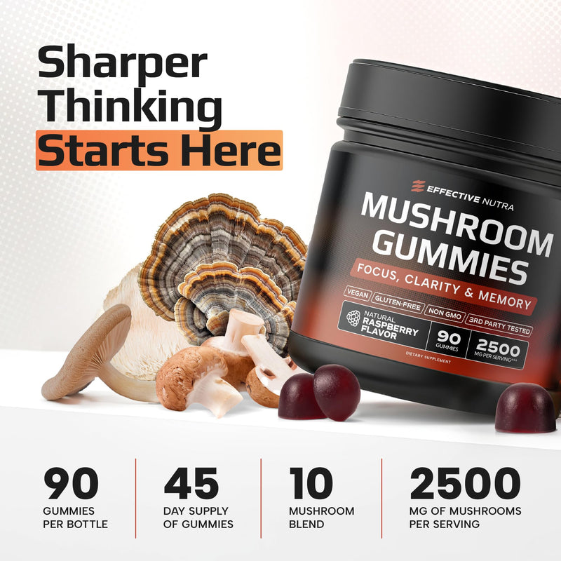 [Australia] - Mushroom Gummies - 10 Mushroom Blend 2500 mg - Lion's Mane, Reishi, Cordyceps - Focus, Clarity & Memory - Vegan, Gluten Free (90 Ct) 90 Count (Pack of 1) 