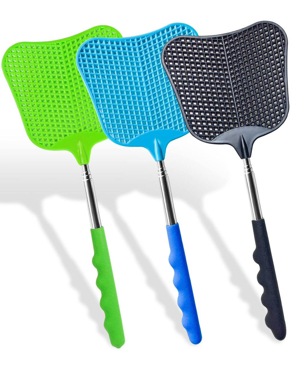 3 pcs Fly Swatter, Fly Swatter Plastic,Telescopic Fly Swatters, Large Bug Swatter That Work for Indoor and Outdoor. (Black Blue Green)