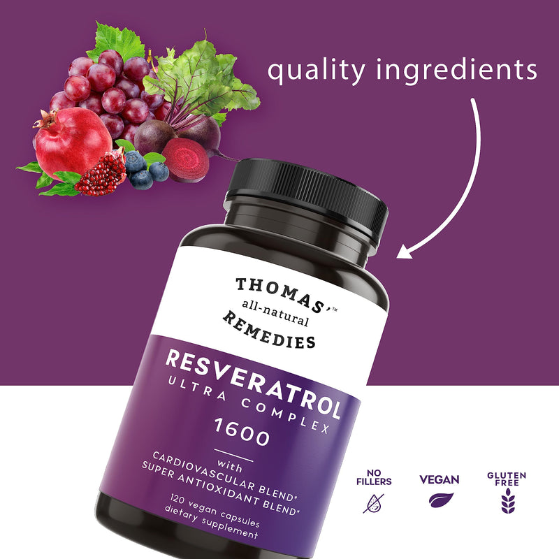 [Australia] - Thomas' all-natural Remedies Resveratrol 1600mg Organic Trans-Resveratrol Antioxidant Supplement with Organic Grape Seed Extract and Quercetin- Anti-Aging and Cardiovascular Support- 120 Capsules 