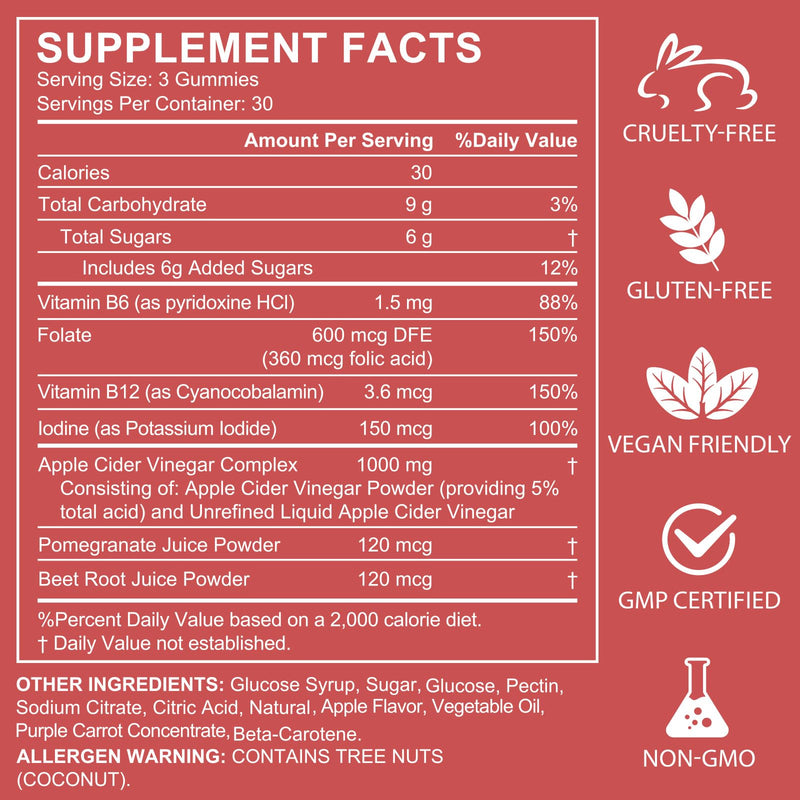 Apple Cider Vinegar Gummies - 90 Count, 1000mg ACV Gummy with Folic Acid, Gelatin-Free, Gluten-Free, Vegan & Non-GMO