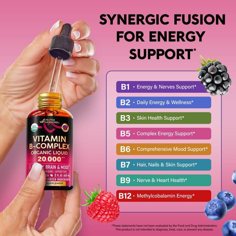 USDA Organic Vitamin B-Complex 20000mcg - B5, B12, B1, B6, B7, B9, B3 - 2Oz | B Complex Liquid Drops - Pantothenic Acid, Methylcobalamin, Thiamine, Pyridoxine, Biotin, Folic, Niacinamide - Berry Flavor B-Complex 2oz