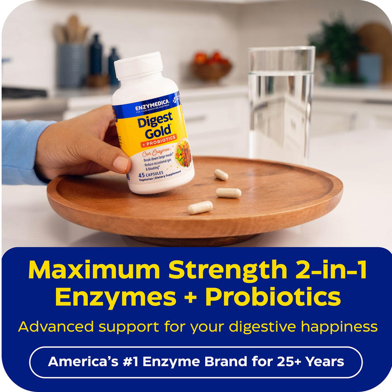 Enzymedica Digest Gold + Probiotics - Helps Gas & Bloating - 45 Capsules | Digestive Enzyme Supplement for Women & Men, Enzyme and Probiotic Capsules for Digestion, Gut Health Support, Vegetarian 45 Count (Pack of 1)