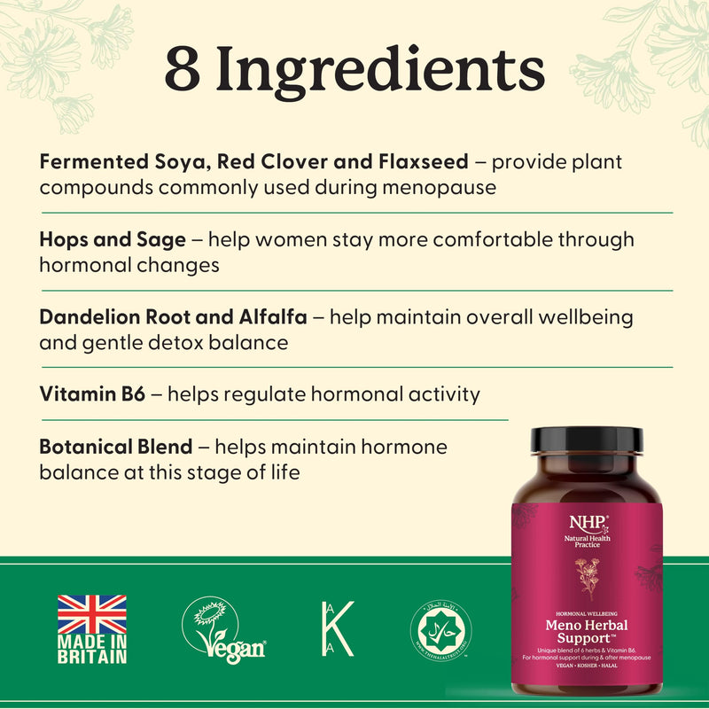 NHP Advanced Meno Herbal Support - Vegan Supplement for Hormonal Balance During Perimenopause & Menopause with Phytoestrogens, Vitamin B6, and Natural Herbal Ingredients 60 Vegan Capsules