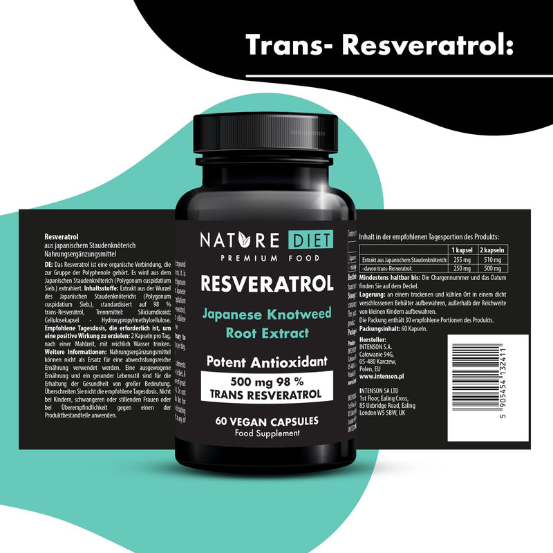 [Australia] - Nature Diet Resveratrol - 500 mg Trans-Resveratrol (98%) - Japanese Knotweed Extract - 60 Vegan Capsules - Antioxidant Protection - Supports Healthy Aging & Cell Health 