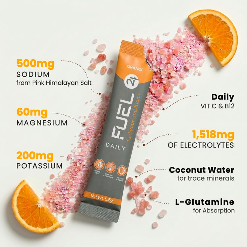 Fuel24 Electrolytes - Daily Hydration Sachets, Zero Sugar, Electrolyte Powder (10 or 30 Pack) Essential Minerals - Sodium, Magnesium, Potassium, Vitamin C B12 & L Glutamine (30 Pack, Orange)