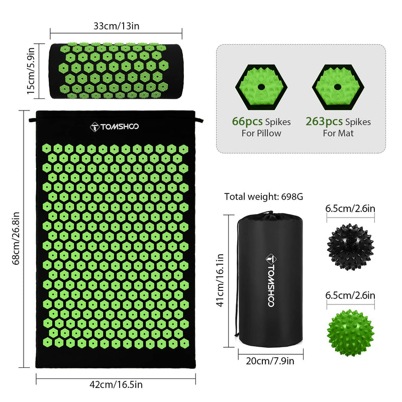 [Australia] - TOMSHOO Acupressure Set, Acupressure Mat and Pillow with 2pcs Massage Balls- Pain Relief Therapy Muscle Back Neck with Travel Bag for Men and Women Black 