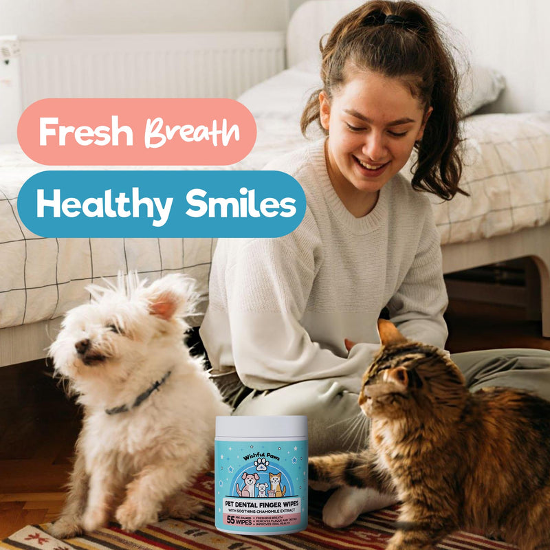 [Australia] - Dog Teeth Cleaning Wipes - Dog Tooth Brushing Kit - Dog Toothbrush Finger Wipes - Removes Plaque & Tartar, Dog Breath Freshener - No-Rinse Pet Dental Care for Dogs & Cats - Easy Use - 55 Count 