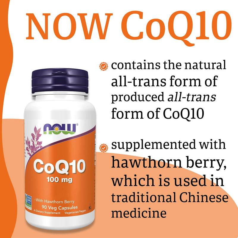 Now Foods, CoQ10 (Coenzyme Q10), 100mg, with Hawthorn, 90 Vegan Tablets, Lab-Tested, Gluten Free, Soy Free, Vegetarian, Non-GMO