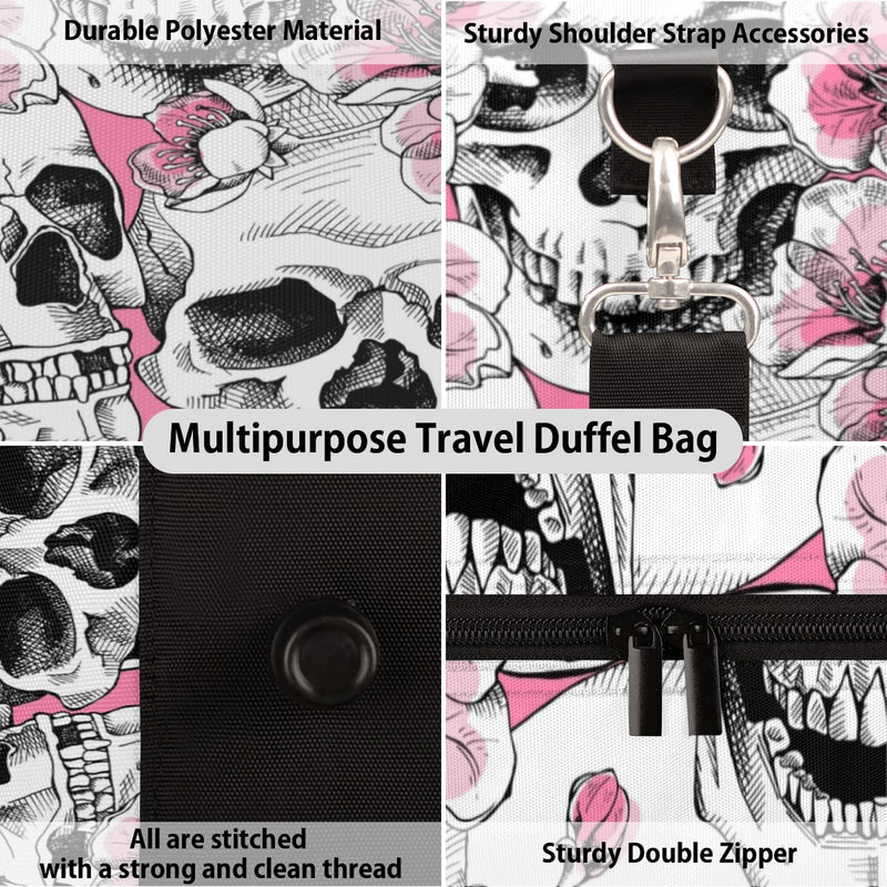 Day Of The Dead Skull Travel Duffel Bag, Cherry Blossom Skull Sports Gym Bag Waterproof Weekender Bag Overnight Travel Carry on Bag Duffel Tote for Women and Men