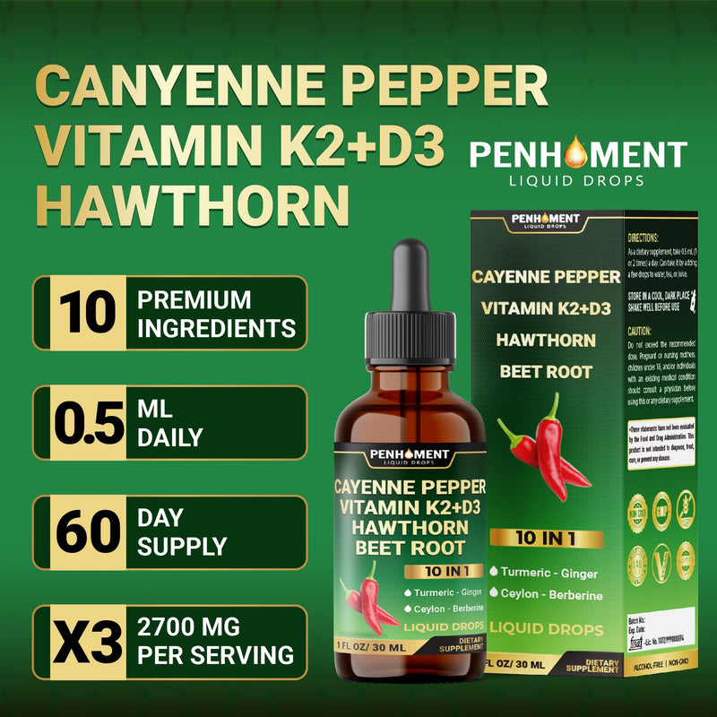 10in1 2700mg Cayenne Pepper Liquid Drops + Hawthorn Berry, Vitamin D3 K2 Beet Root Turmeric Ginger and More - Digestion Support - 1 Fl Oz - 2 Months Supply 1 Fl Oz (Pack of 1)