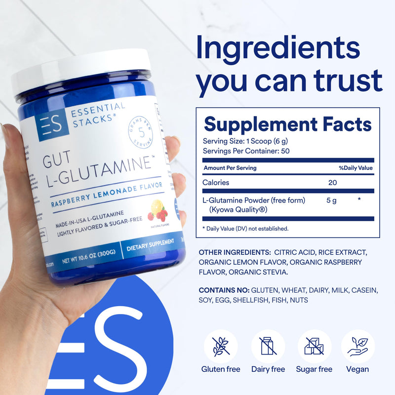 [Australia] - Essential Stacks Flavored Gut L-Glutamine Powder (Raspberry Lemonade) - Sugar Free & Gluten Free - Made with Organic Raspberry & Lemon Flavors (50 Servings) 