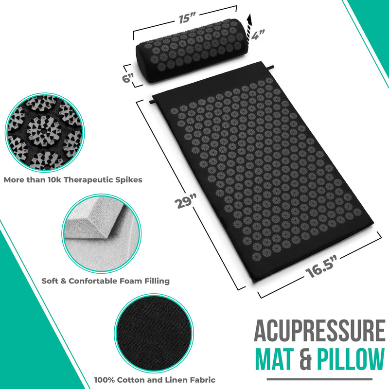 [Australia] - Sivan Health and Fitness Acupressure Mat and Pillow Set - Grounding Mat for Stress, Back & Neck Pain - Acupuncture Point Massage Mat for Muscle Relaxation, Sciatica, & Meditation - Includes Carry Bag Black/Black Large 