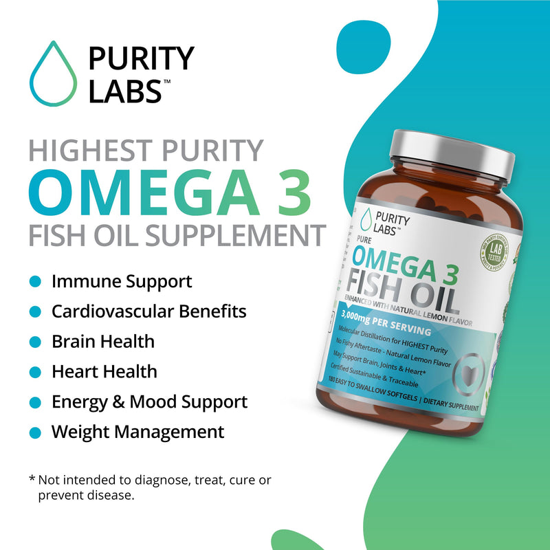 [Australia] - Purity Labs Omega 3 Fish Oil 3000mg – DHA & EPA Omega 3 Fatty Acid Supplements to support Heart and Brain Health - Immune Support Supplement - 180 Softgels (60 Servings) 1 