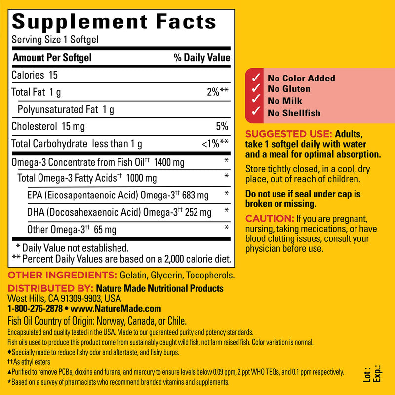 [Australia] - Nature Made Burp Less Ultra Omega 3 Fish Oil Supplements, 1400mg Fish Oil Omega 3 Supplements as Ethyl Esters for Healthy Heart Brain Eyes Support, One Per Day, 90 Softgels 90 Count (Pack of 1) 
