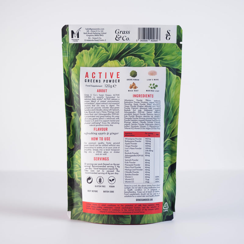 Grass & Co. Active Super Greens | Vegan Daily Greens Powder | 120g | Supports Energy, Digestion & Immunity | with Lion’s Mane, Moringa & Vitamins C, K2 & D3 | Apple & Ginger Flavour | 30 Day Supply Powder | 30 Servings