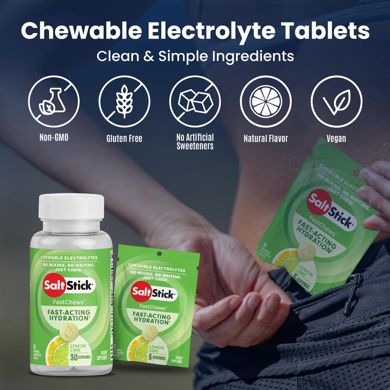 SaltStick FastChews Electrolytes | 60 Chewable Electrolyte Tablets | Salt Tablets for Runners and Endurance Sports Nutrition | Hydration Electrolyte Chews | Vegan | Lemon Lime | 60 Tablets
