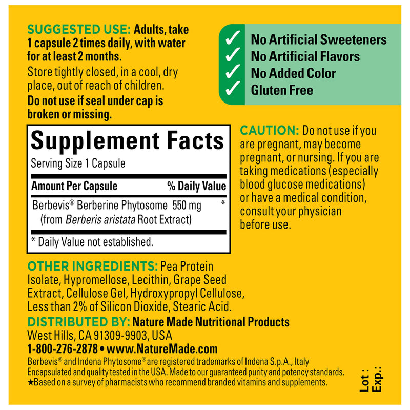 Nature Made Better Absorption Berberine Phytosome Supplement, 60 Capsules | 1100mg Per 2 Capsules Daily, Berberine Supplement for Cardiovascular Health Support, Gluten Free, 30 Day Supply 60 Count (Pack of 1)