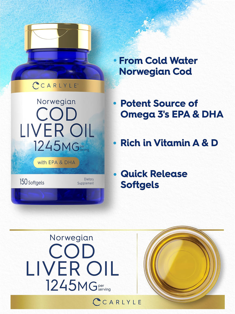 [Australia] - Carlyle Norwegian Cod Liver Oil | with EPA & DHA | 1245mg | 150 Softgels | Liquid Capsules | Non-GMO & Gluten Free Supplement 
