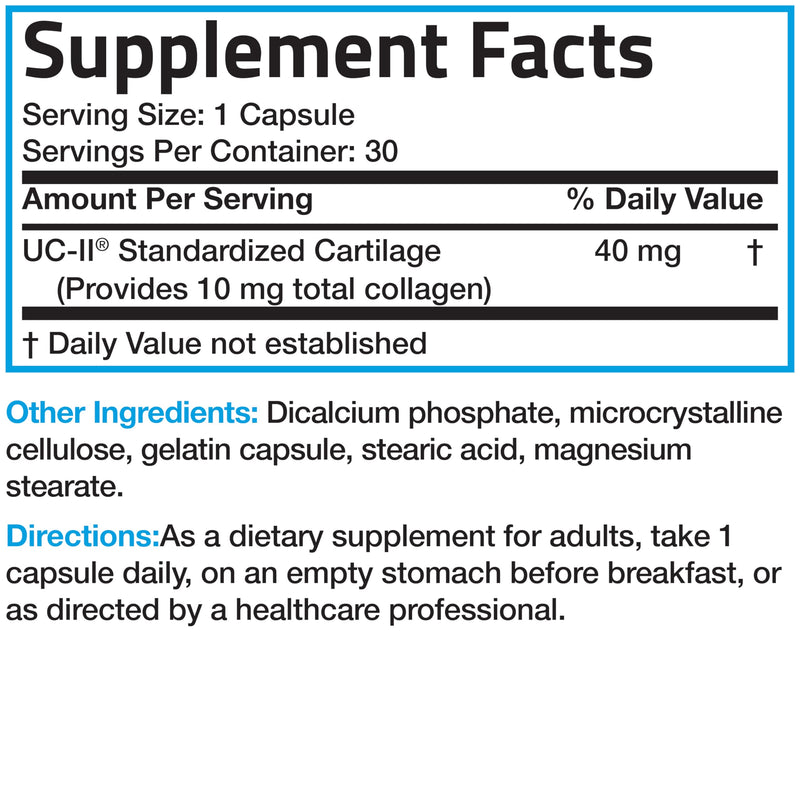 Bronson UC-II Undenatured Type II Collagen Joint Support, 30 Capsules | 40 mg UC-II Standardized Cartilage, 10 mg Total Collagen, Clinically Studied, Once-Daily