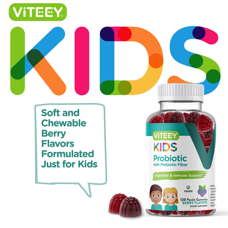 Viteey Probiotic Gummies for Kids Plus Prebiotics Fiber - 2 Billion CFUs | Digestive Health, Gut Health, Constipation Relief for Kids Support - Vegan, Gelatin Free - Chewable Probiotic Berry Flavored 120 Count (Pack of 1)
