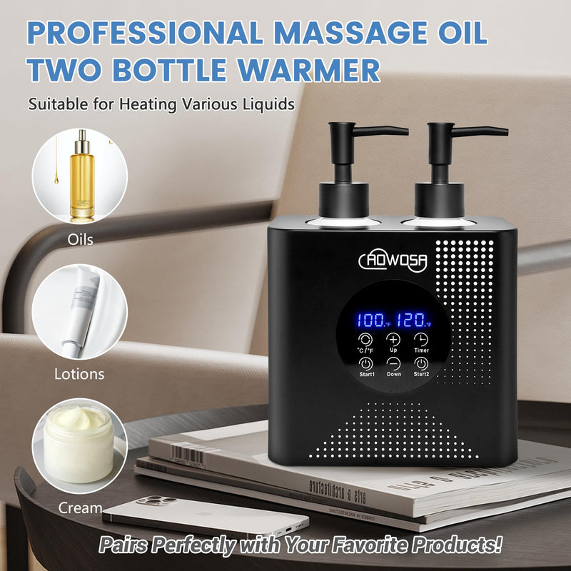 [Australia] - Massage Oil Warmer Double Bottle Professional Electric Lotion Digital Heater for SPA, Portable Oil Warmer Heated Cream for Beauty Salon Home, with ℃/℉ Switchable Display, Four Dispenser Bottle 