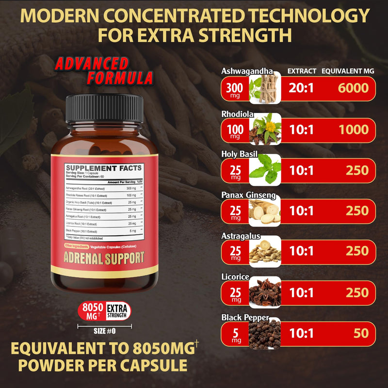 [Australia] - agobi 7in1 Adrenal Support Supplement - Equivalent to 8050mg Concentrated Ashwagandha, Panax Ginseng, Rhodiola Rosea & More - 60 Capsules 2 Month for Body Balance 