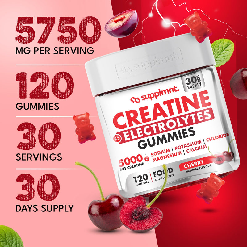 Supplmnt. Creatine Gummies with Electrolytes, 5000mg Creatine Monohydrate, Cherry Flavour, 120 Gummies, Vegan, Gluten-Free, Non-GMO, Food Supplement, 30-Day Supply