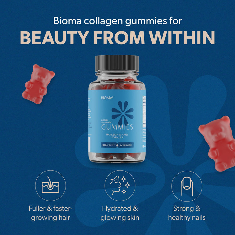 BIOMA Hair, Skin & Nails Beauty Gummies - Supports Growth & Strength with Biotin, Collagen, Zinc & Vitamins C & D - Gluten-Free - 60 Gummies (30-Day Supply) 60 Count (Pack of 1)