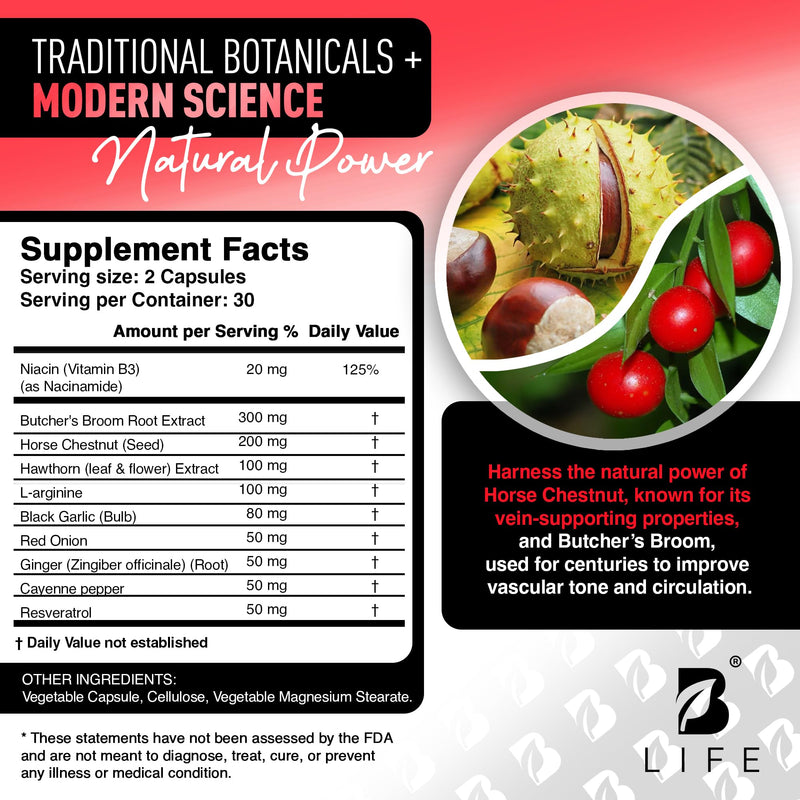 [Australia] - Circulation Support Supplement for Vein & Artery Health | Vascular Support with L-Arginine, Horse Chestnut & Butcher‚Äôs Broom | Promotes Healthy Leg Circulation & Vein Function | 60 Capsules 60 Count (Pack of 1) 