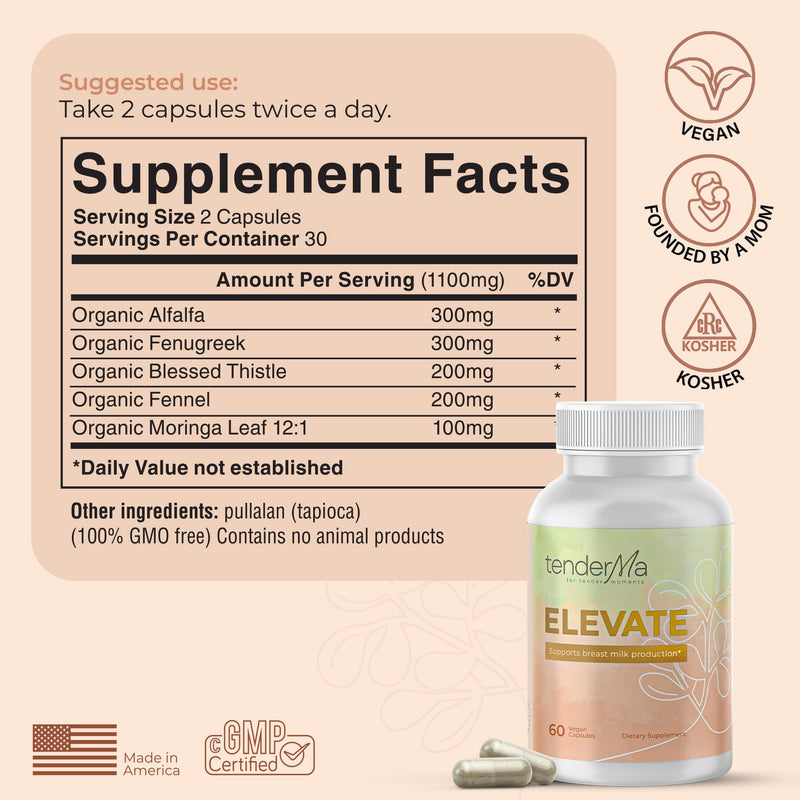 [Australia] - Elevate Lactation Supplement | Natural Lactation Support for Breastfeeding Mothers | Breast Milk Supply Increase Support | Fenugreek, Moringa, Alfalfa & More | Vegan, Non-GMO, 60 Capsules ELEVATE 60 Count (Pack of 1) 