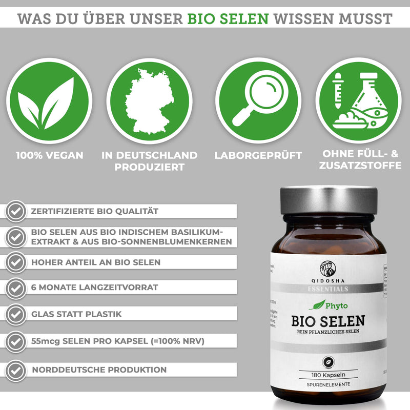 [Australia] - QIDOSHA® organic selenium high dose, 180 capsules, 55 mcg (100% NRV) vegetable selenium per capsule made from organic Indian basil and organic sunflower seeds, selenium methionine, supplemented with organic acacia fiber 