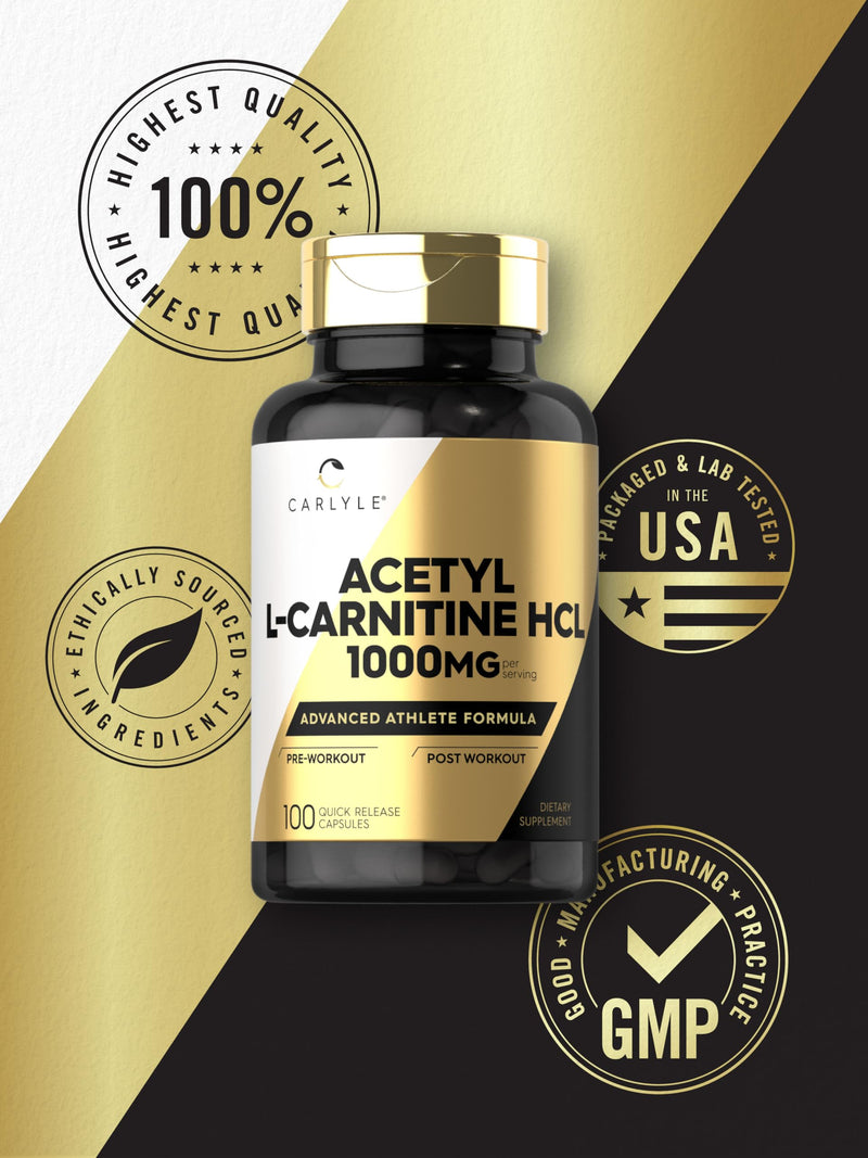 Carlyle Acetyl L-Carnitine HCL Capsules| 1000mg | 100 Count | Non-GMO and Gluten Free Supplement 100 Count (Pack of 1)