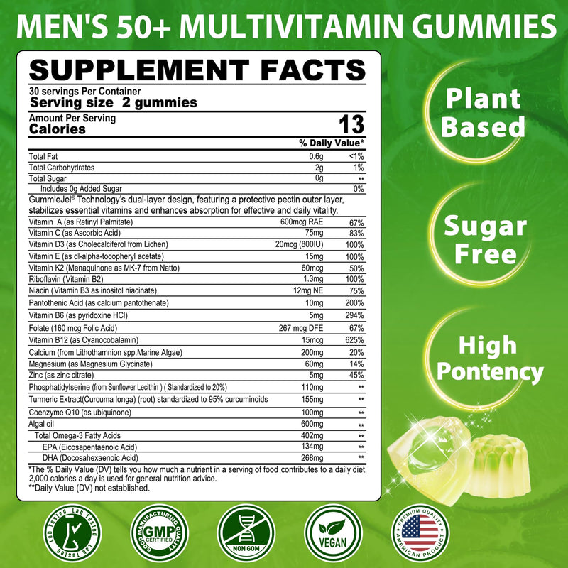 Multivitamin for Men 50 + Plus, Sugar Free Men Multivitamins Gummies w/Omega-3, Coq10, D3k2, Calcium, Magnesium, Zinc, Vitamins A, C & E, Mens Vitamins for 𝖧𝖾𝖱𝗍, Antioxidant, Brain, Bone, 60cts