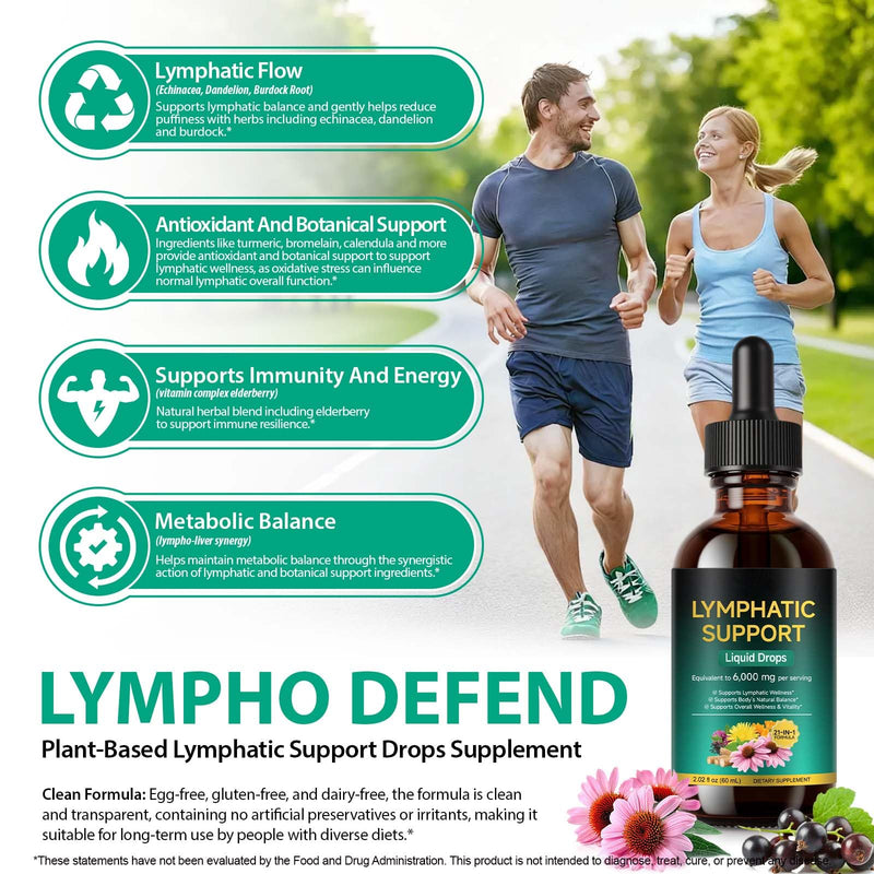 Lymphatic Drainage Drops, Lymph System Support Supplement Lymph Cleanse Detox 21-in-1 Herbal Blend to Support Healthy Energy Levels and Immune Balance, 60ml