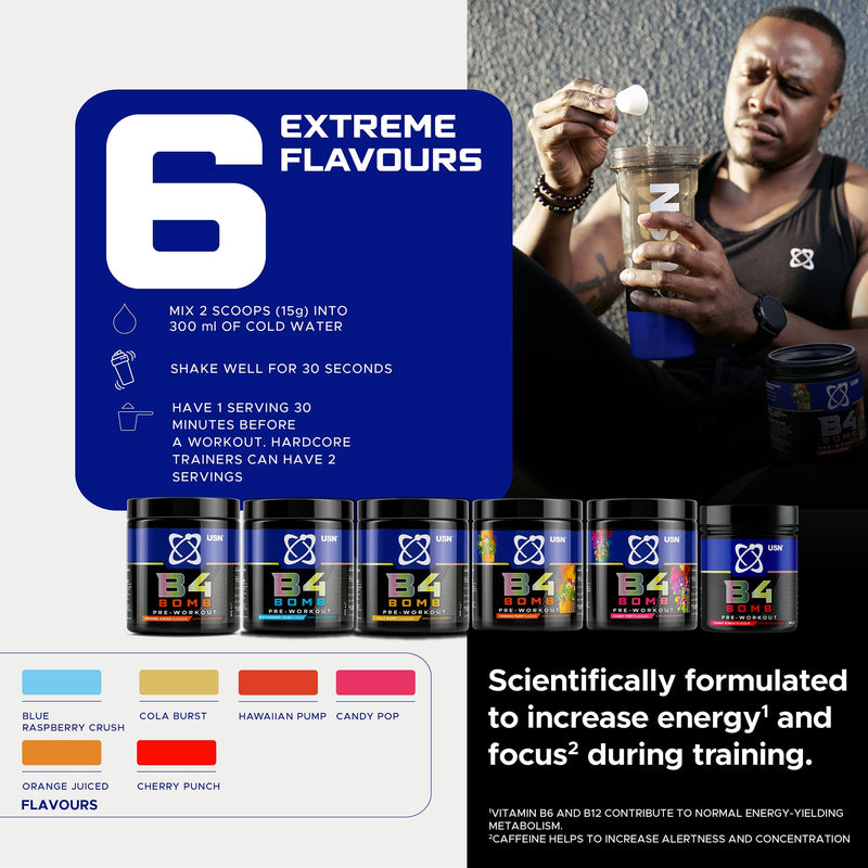 USN B4 Bomb Energy Drink Powder, Blue Raspberry - 180g, with Vitamin B12 & B6, Creatine, Caffeine & Zynamite for Stamina & Explosive Energy, Glucose Free, No Added Sugar, Quality Dietary Supplement 180g (Pack of 1)