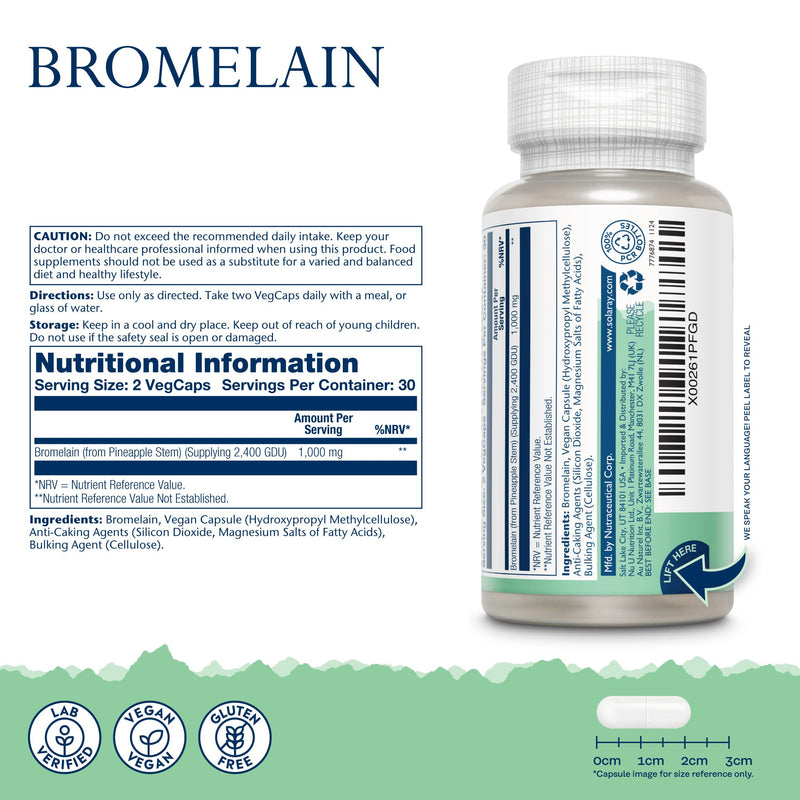 Solaray Bromelain 1000mg (2400 GDU/g) - 60 Vegan Capsules - High Strength Pineapple Enzyme - Plant Based Formula for Everyday Balance & Wellbeing - Lab Verified & GMO Free