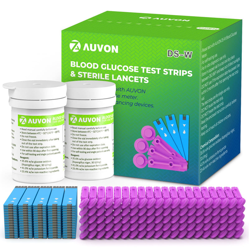 AUVON Blood Glucose Test Strips & Diabetic Lancets Kit, 100 Test Strips for Diabetes, 30 Gauge 100 Lancets for Blood Testing with Less Pain, Fit AUVON DS-W Glucose Meter