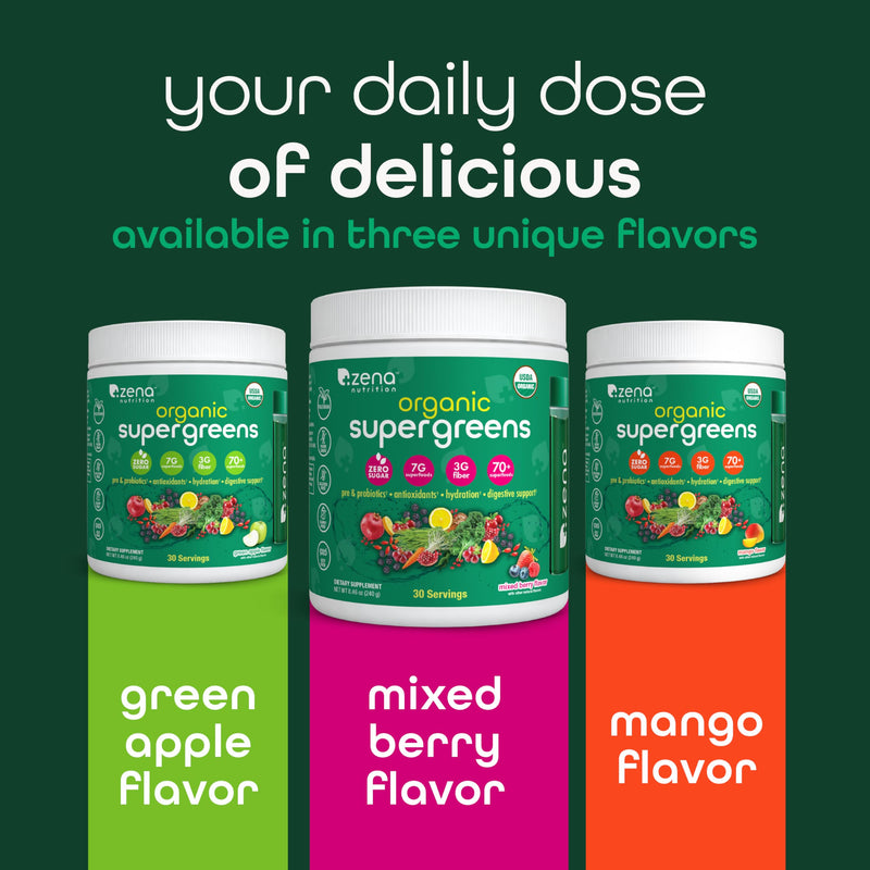 [Australia] - Zena Nutrition Organic Super Greens Powder, 70+ Superfoods, 0 Sugar, 3G Fiber, Spirulina, Chlorella, Antioxidants, Prebiotics/Probiotics, Digestive Enzymes, Green Apple, 30 Servings 