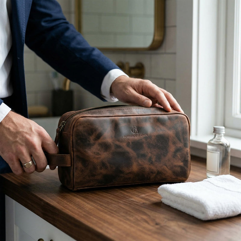 Toiletry Bag for Men – Genuine Leather Dopp Kit, Travel Organizer for Grooming Essentials, Large Shaving Kit Pouch, Durable Dark Brown Gift for Men