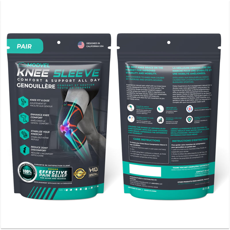 Modvel Compression Knee Brace for Women & Men, 2 Pack Knee Support Sleeves for Running, Meniscus Tear, ACL, Arthritis Pain Relief, Workout – XXL, Skin